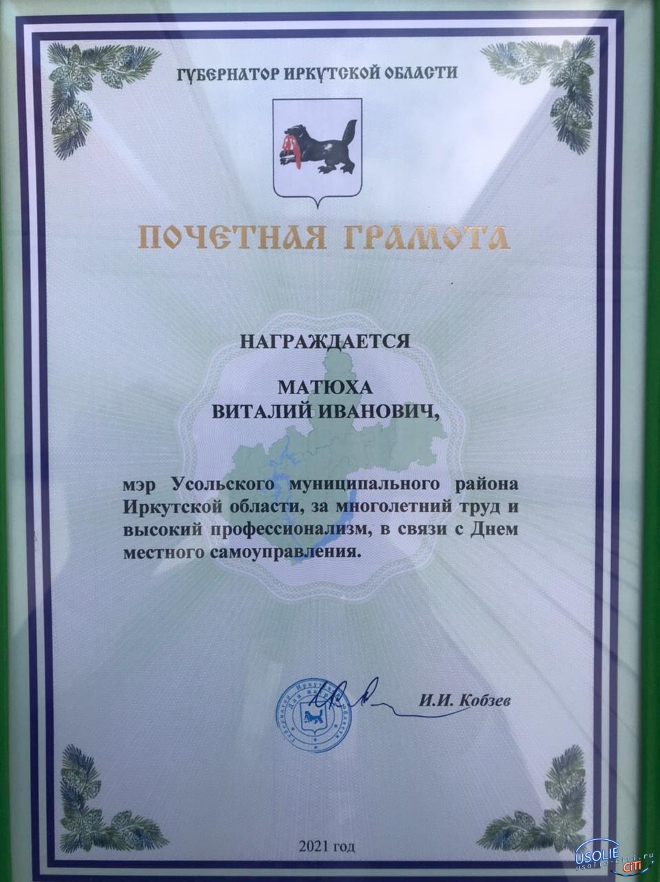 Губернатор вручил почетную грамоту мэру Усольскому району